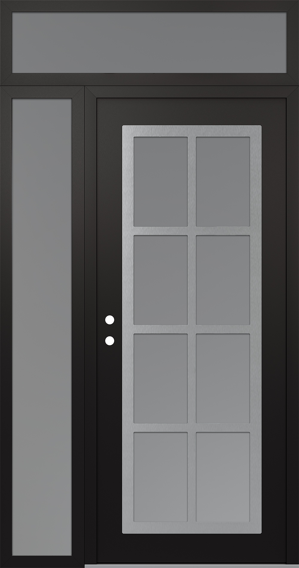 Modern Steel Front Door Diamond C16 52" x 96" black/white frosted Glass Panel stainless steel RHI with Sidelite and Transom frosted Glass
