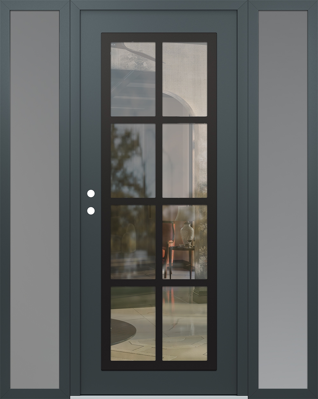 Modern Steel Front Door Diamond C16 60" x 80" anthracite/anthracite clear Glass Panel black RHI with 2 Sidelites frosted Glass