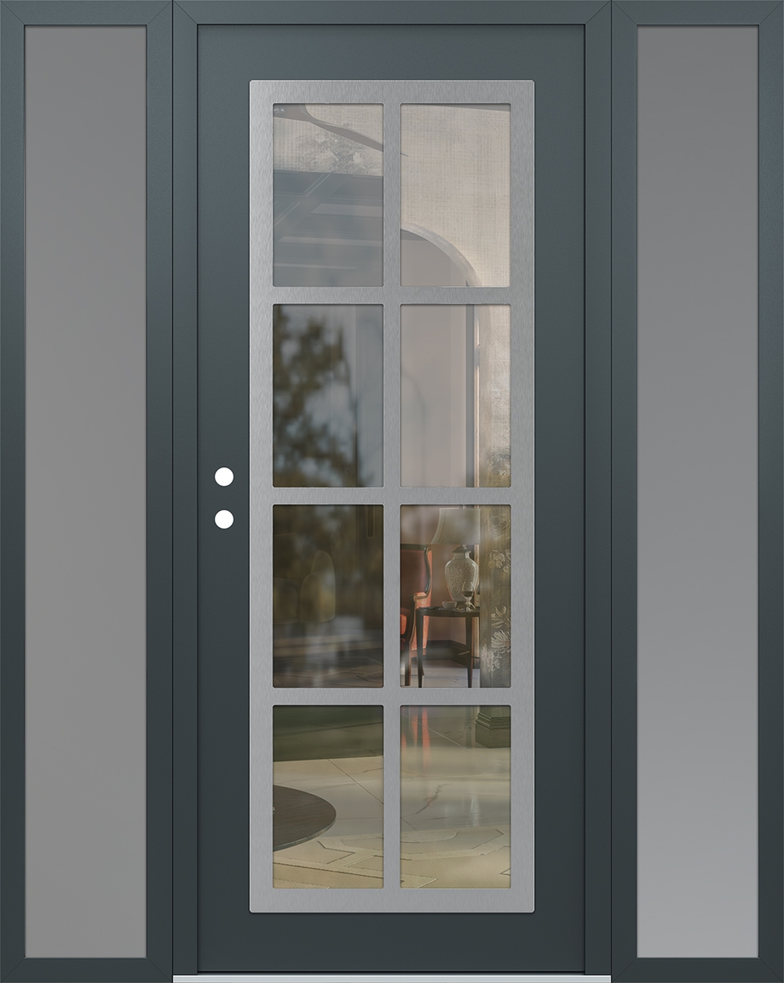 Modern Steel Front Door Diamond C16 60" x 80" anthracite/anthracite clear Glass Panel stainless steel RHI with 2 Sidelites frosted Glass