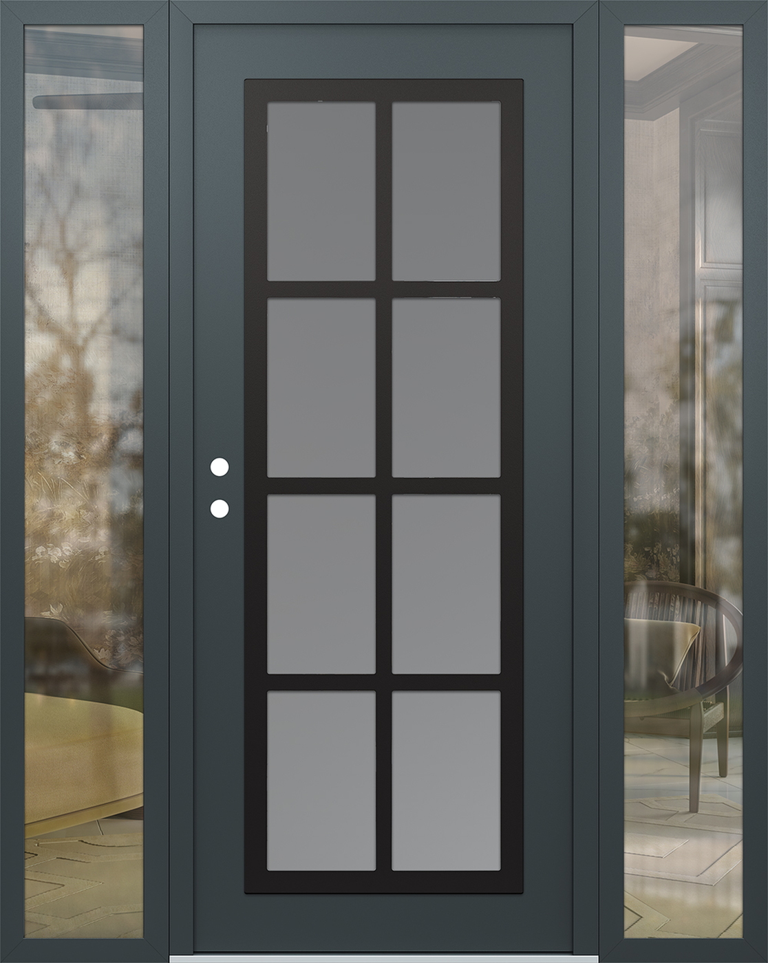 Modern Steel Front Door Diamond C16 60" x 80" anthracite/anthracite frosted Glass Panel black RHI with 2 Sidelites clear Glass
