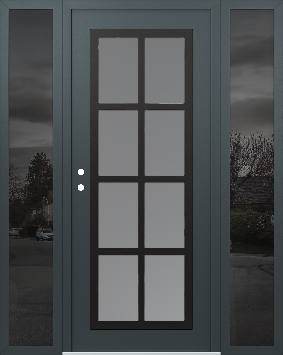 Modern Steel Front Door Diamond C16 60" x 80" anthracite/anthracite frosted Glass Panel black RHI with 2 Sidelites mirrored Glass