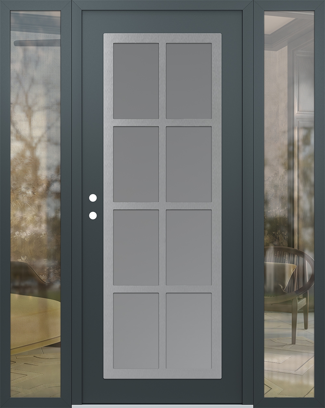 Modern Steel Front Door Diamond C16 60" x 80" anthracite/anthracite frosted Glass Panel stainless steel RHI with 2 Sidelites clear Glass
