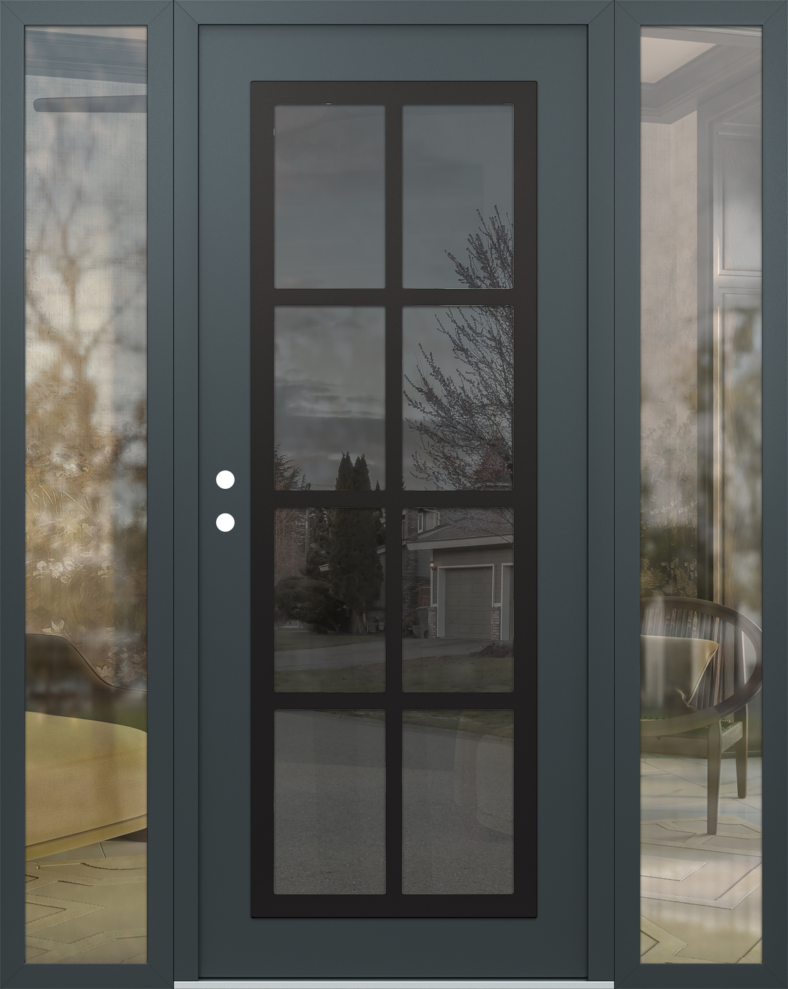 Modern Steel Front Door Diamond C16 60" x 80" anthracite/anthracite mirrored Glass Panel black RHI with 2 Sidelites clear Glass
