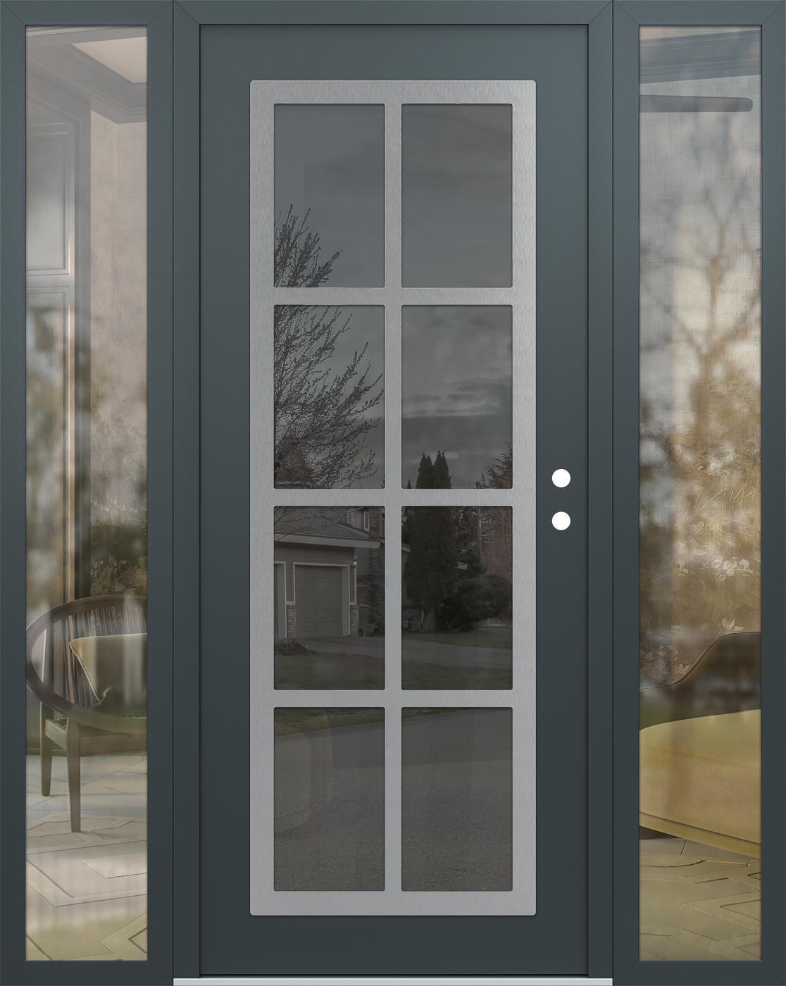 Modern Steel Front Door Diamond C16 60" x 80" anthracite/anthracite mirrored Glass Panel stainless steel LHI with 2 Sidelites clear Glass