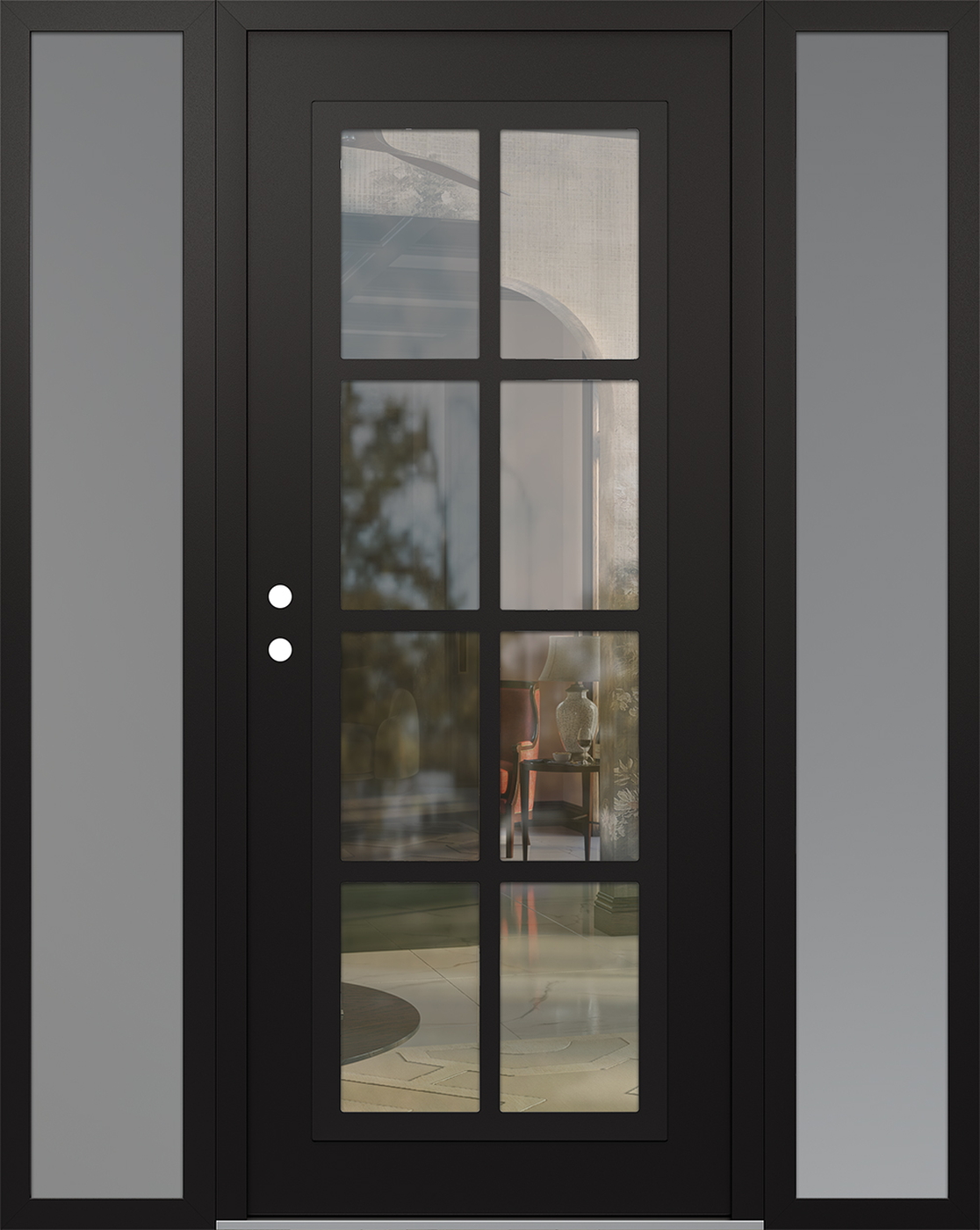 Modern Steel Front Door Diamond C16 60" x 80" black/black clear Glass Panel black RHI with 2 Sidelites frosted Glass