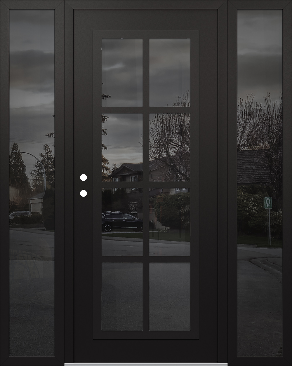 Modern Steel Front Door Diamond C16 60" x 80" black/black mirrored Glass Panel black RHI with 2 Sidelites mirrored Glass