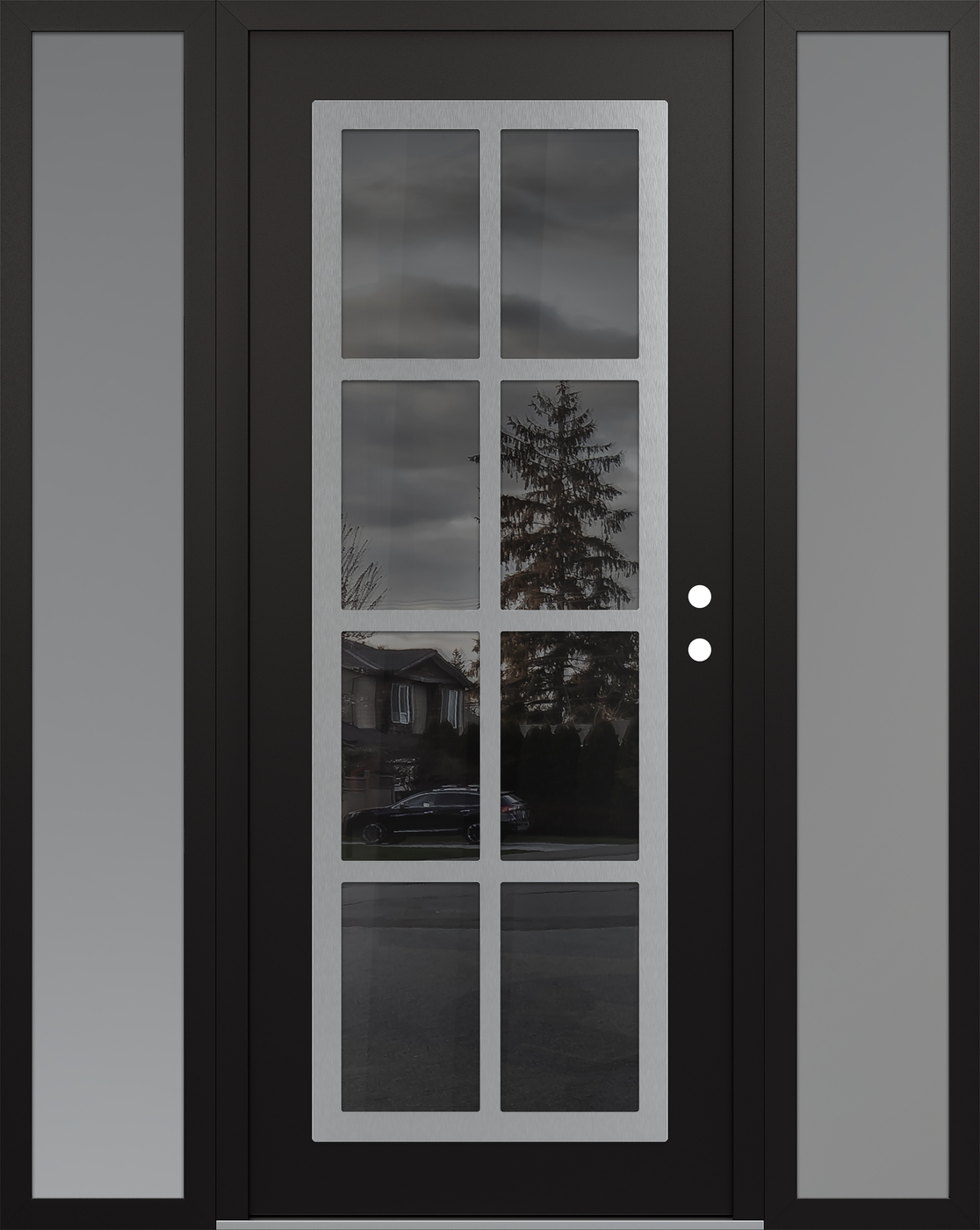 Modern Steel Front Door Diamond C16 60" x 80" black/black mirrored Glass Panel stainless steel LHI with 2 Sidelites frosted Glass