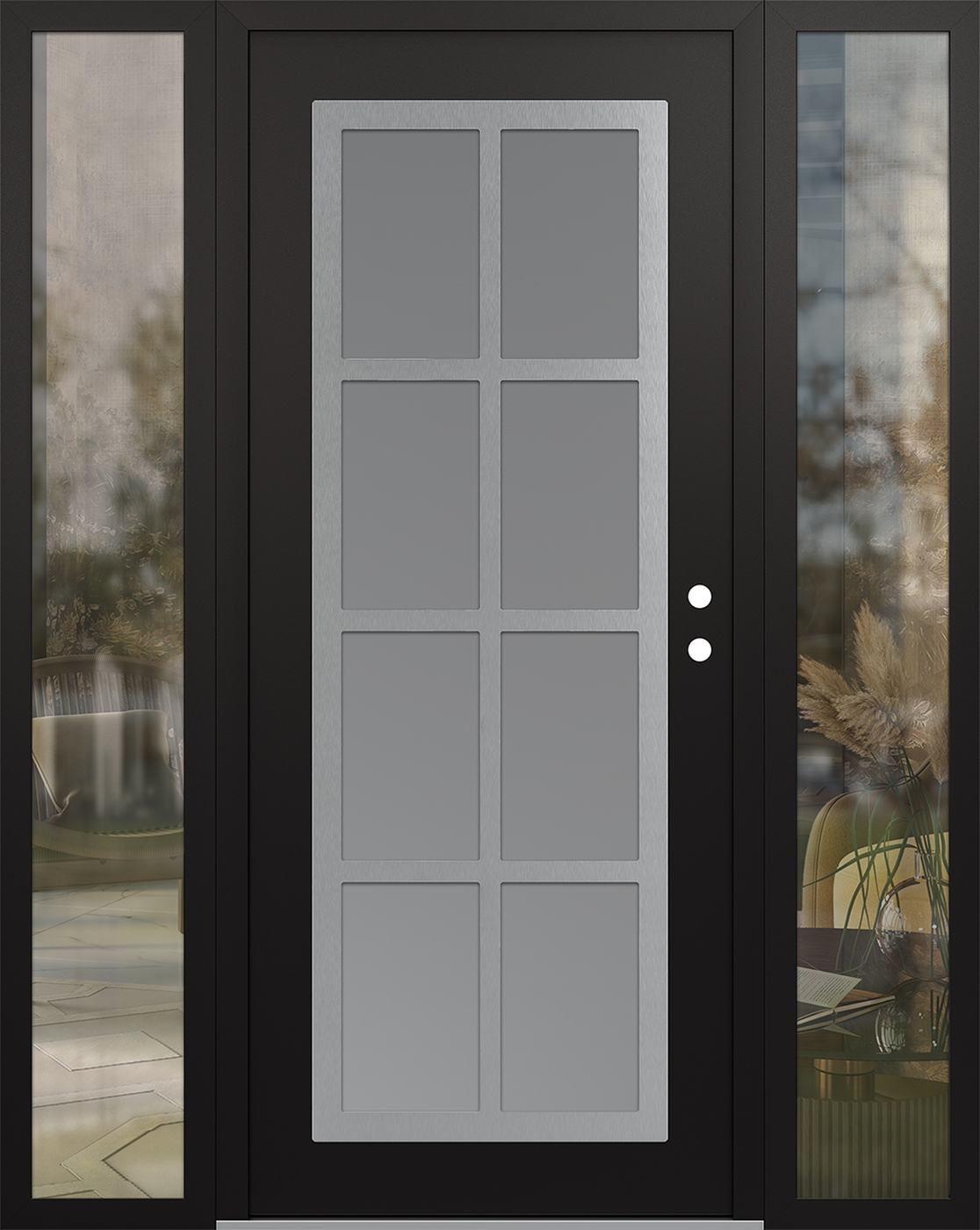 Modern Steel Front Door Diamond C16 60" x 80" black/white frosted Glass Panel stainless steel LHI with 2 Sidelites clear Glass