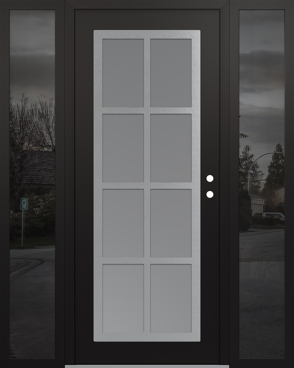 Modern Steel Front Door Diamond C16 60" x 80" black/white frosted Glass Panel stainless steel LHI with 2 Sidelites mirrored Glass