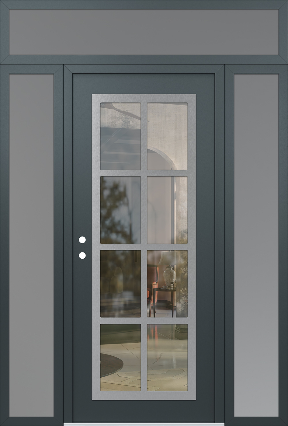 Modern Steel Front Door Diamond C16 60" x 96" anthracite/anthracite clear Glass Panel stainless steel RHI with 2 Sidelites and Transom frosted Glass