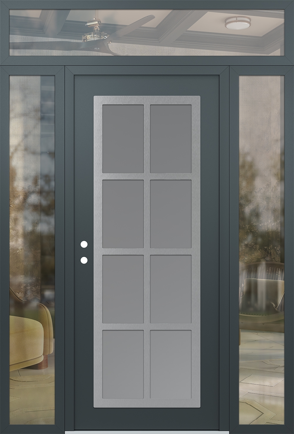 Modern Steel Front Door Diamond C16 60" x 96" anthracite/anthracite frosted Glass Panel stainless steel RHI with 2 Sidelites and Transom clear Glass
