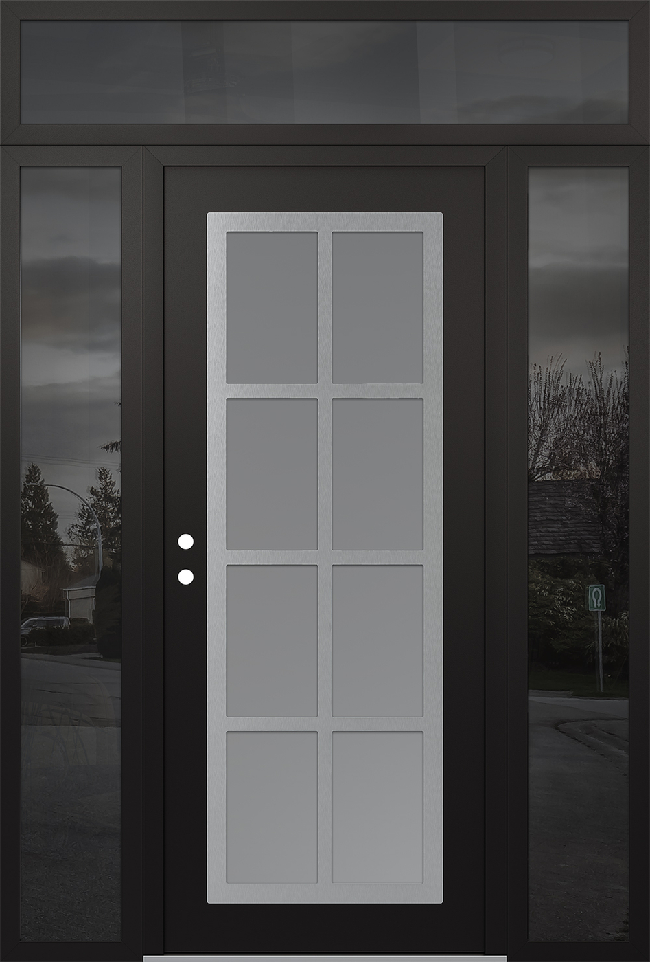Modern Steel Front Door Diamond C16 60" x 96" black/white frosted Glass Panel stainless steel RHI with 2 Sidelites and Transom mirrored Glass