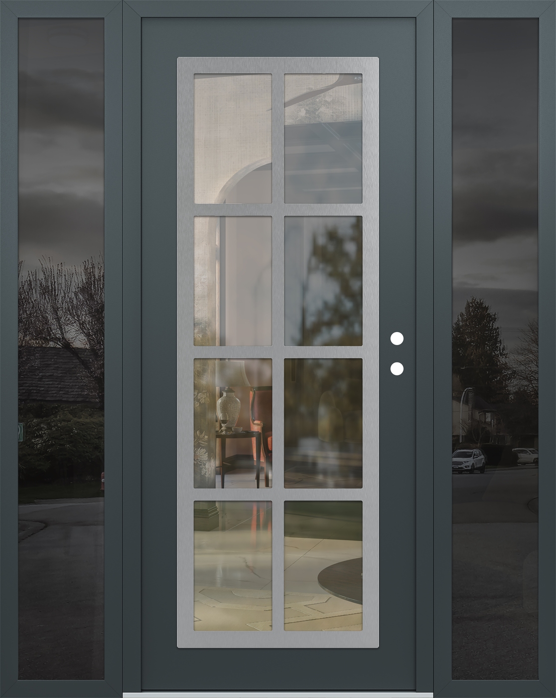 Modern Steel Front Door Diamond C16 64" x 80" anthracite/anthracite clear Glass Panel stainless steel LHI with 2 Sidelites mirrored Glass