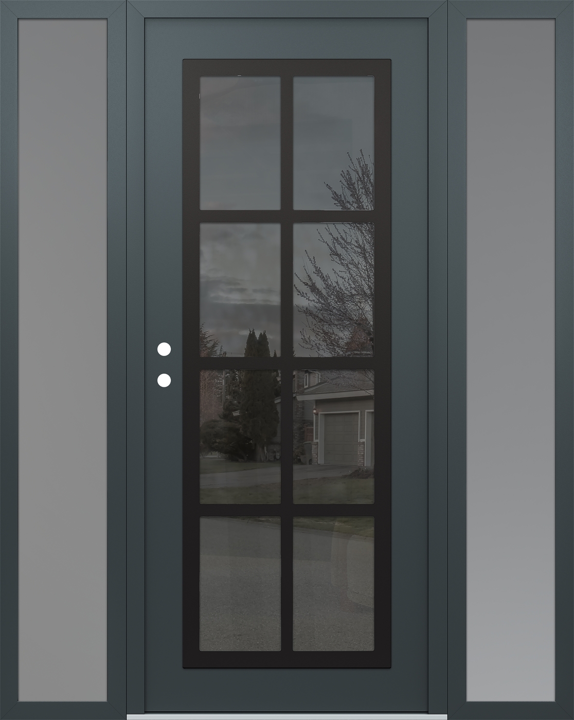 Modern Steel Front Door Diamond C16 64" x 80" anthracite/anthracite mirrored Glass Panel black RHI with 2 Sidelites frosted Glass