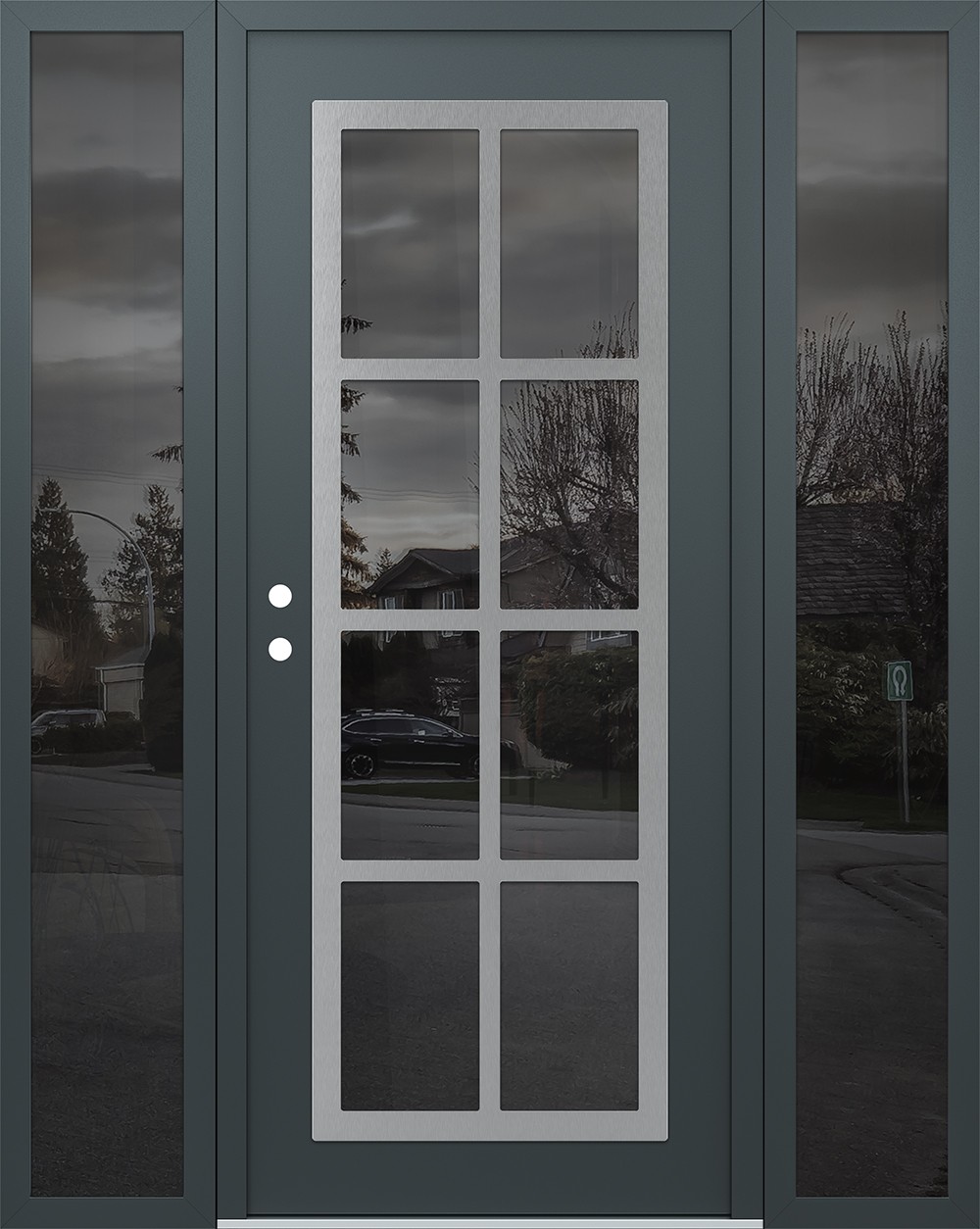 Modern Steel Front Door Diamond C16 64" x 80" anthracite/anthracite mirrored Glass Panel stainless steel RHI with 2 Sidelites mirrored Glass