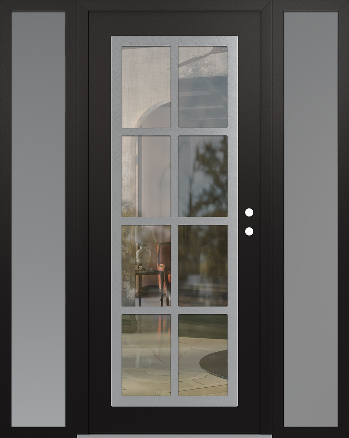 Modern Steel Front Door Diamond C16 64" x 80" black/black clear Glass Panel stainless steel LHI with 2 Sidelites frosted Glass
