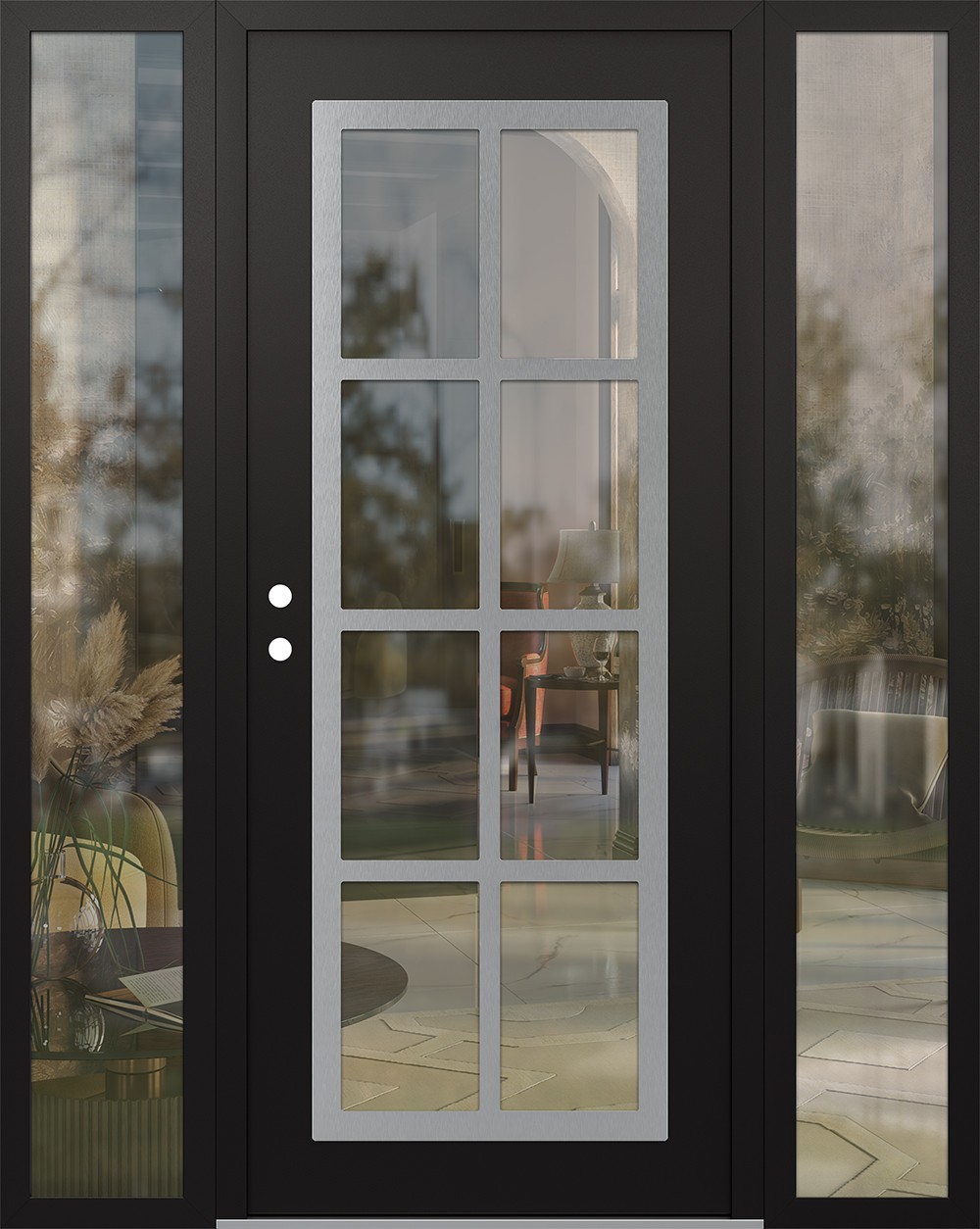Modern Steel Front Door Diamond C16 64" x 80" black/black clear Glass Panel stainless steel RHI with 2 Sidelites clear Glass