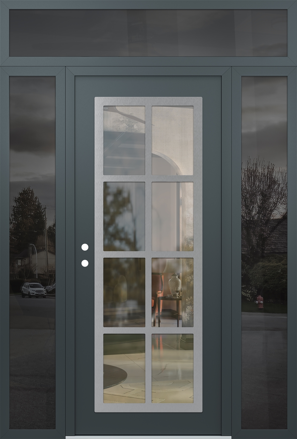 Modern Steel Front Door Diamond C16 64" x 96" anthracite/anthracite clear Glass Panel stainless steel RHI with 2 Sidelites and Transom mirrored Glass