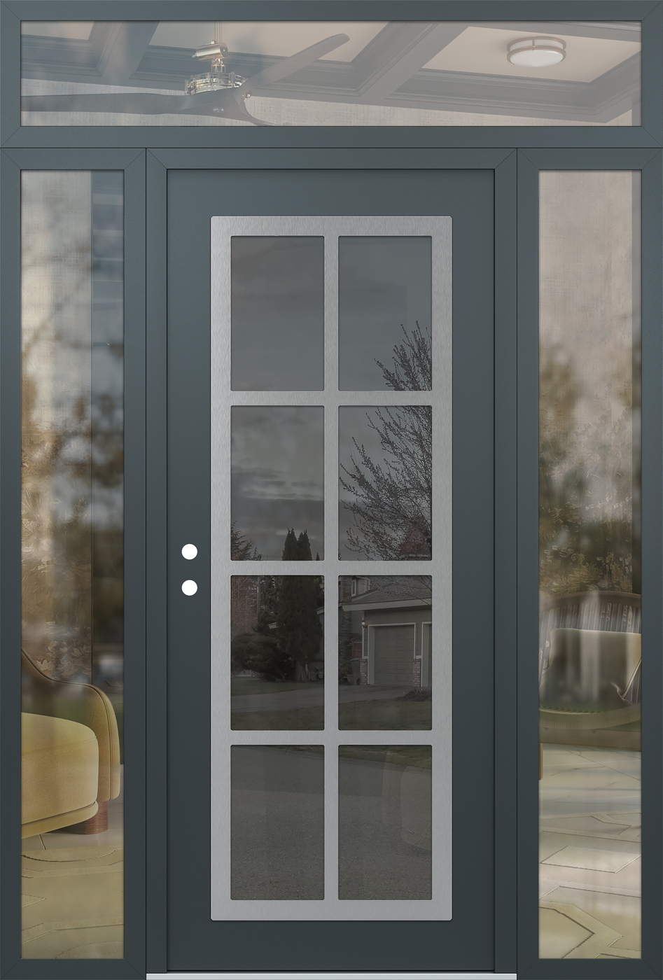 Modern Steel Front Door Diamond C16 64" x 96" anthracite/anthracite mirrored Glass Panel stainless steel RHI with 2 Sidelites and Transom clear Glass