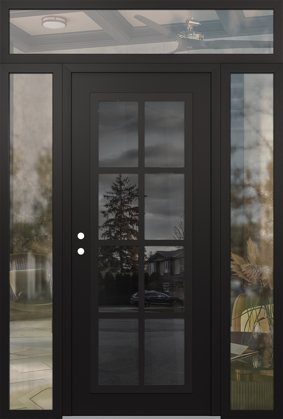 Modern Steel Front Door Diamond C16 64" x 96" black/black mirrored Glass Panel black RHI with 2 Sidelites and Transom clear Glass