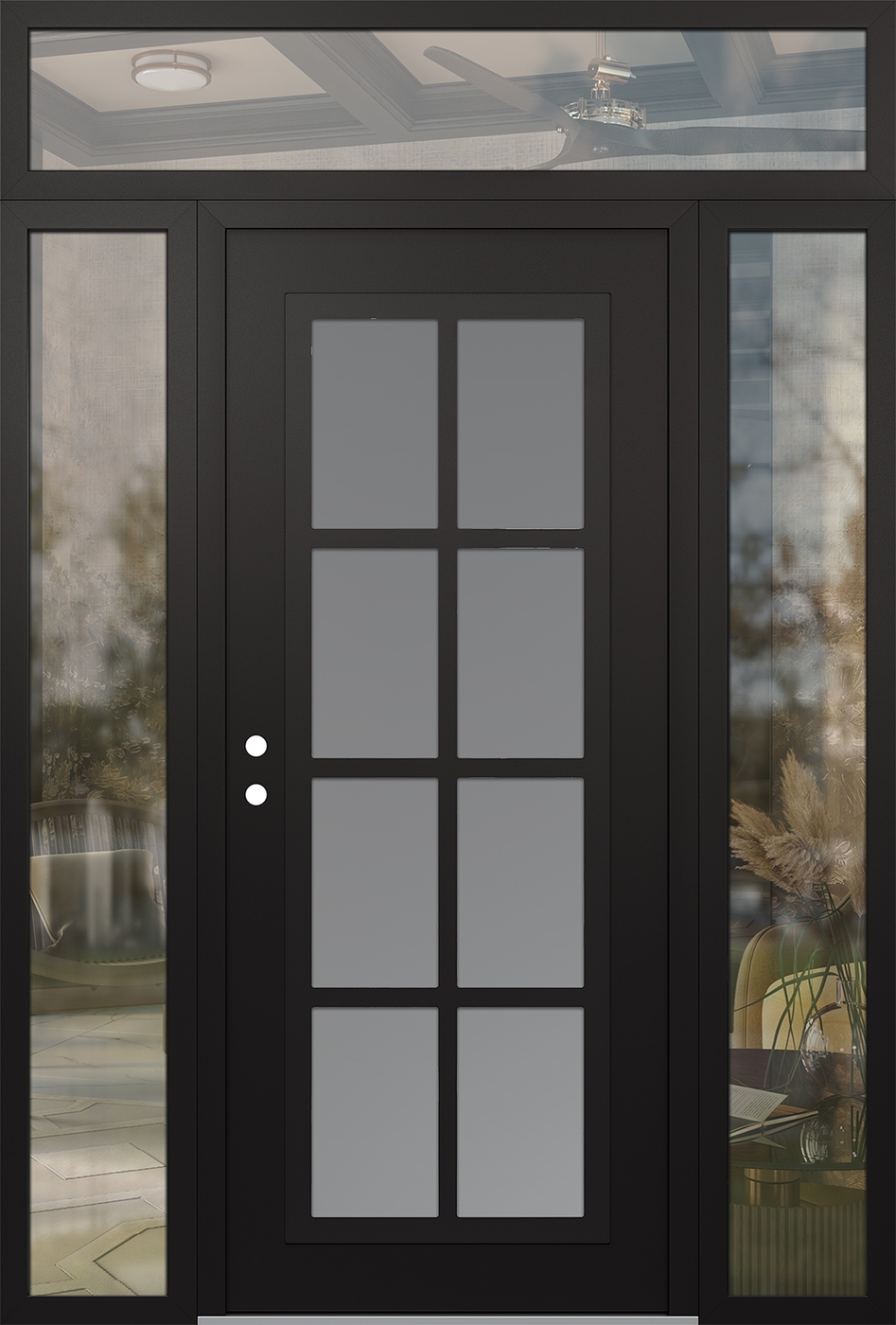 Modern Steel Front Door Diamond C16 64" x 96" black/white frosted Glass Panel black RHI with 2 Sidelites and Transom clear Glass