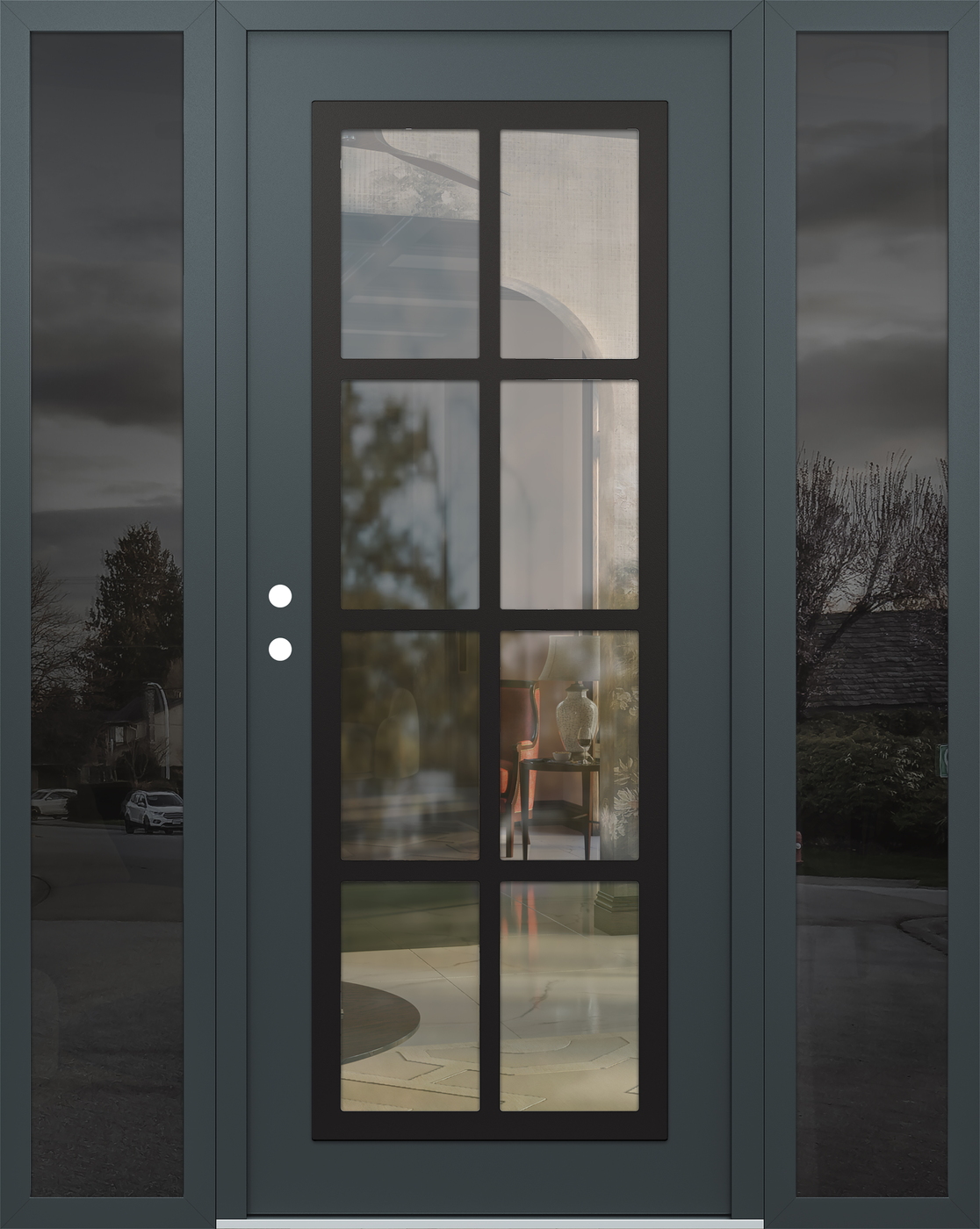 Modern Steel Front Door Diamond C16 68" x 80" anthracite/anthracite clear Glass Panel black RHI with 2 Sidelites mirrored Glass