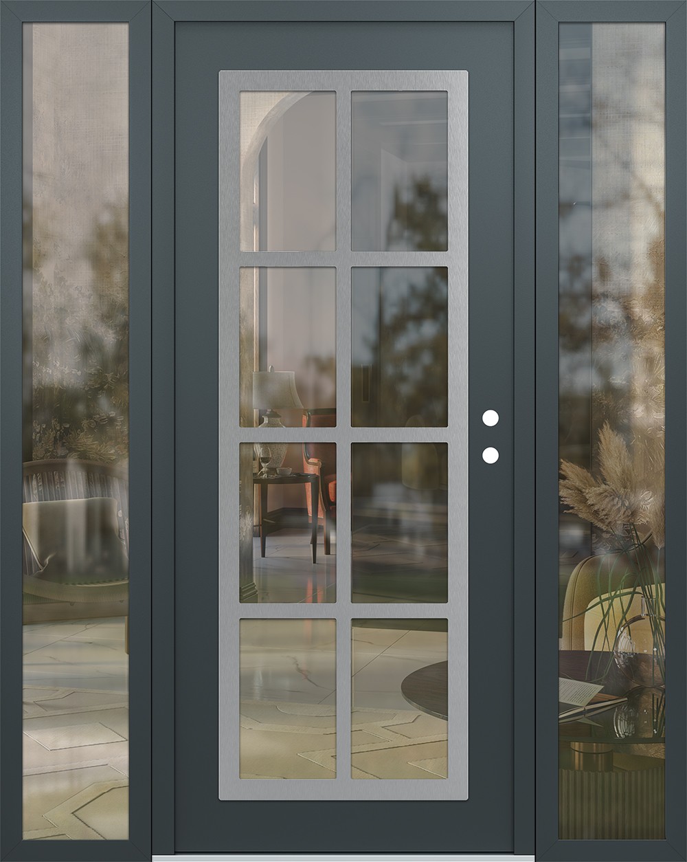 Modern Steel Front Door Diamond C16 68" x 80" anthracite/anthracite clear Glass Panel stainless steel LHI with 2 Sidelites clear Glass