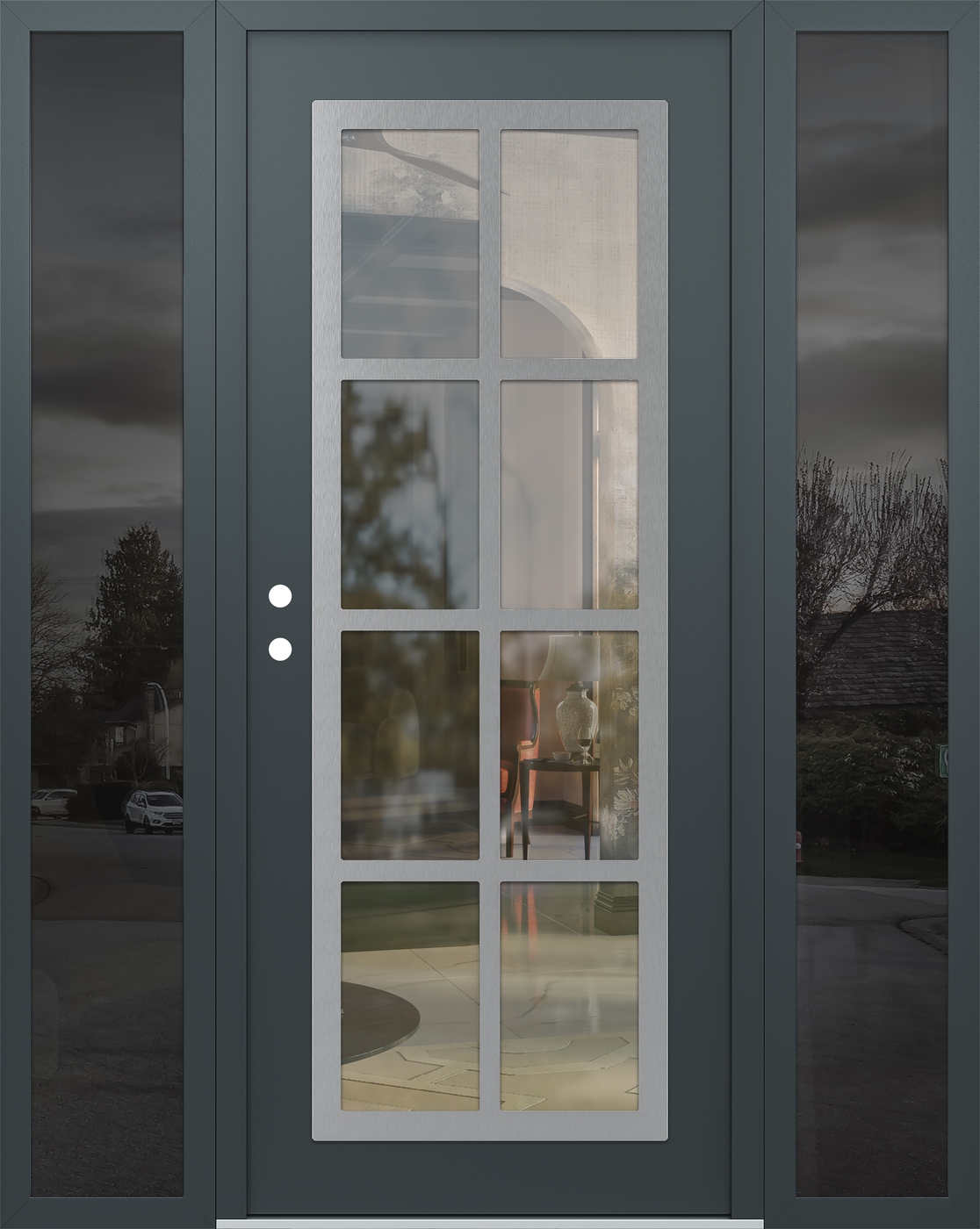 Modern Steel Front Door Diamond C16 68" x 80" anthracite/anthracite clear Glass Panel stainless steel RHI with 2 Sidelites mirrored Glass
