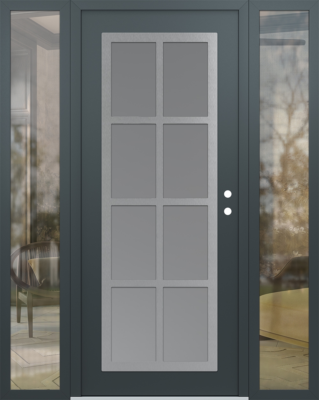Modern Steel Front Door Diamond C16 68" x 80" anthracite/anthracite frosted Glass Panel stainless steel LHI with 2 Sidelites clear Glass