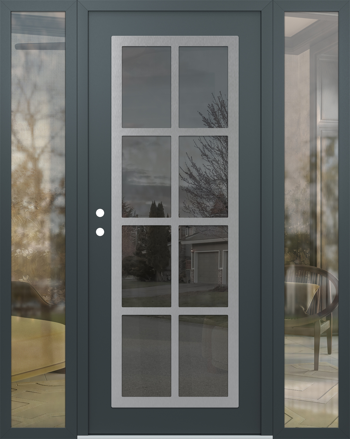 Modern Steel Front Door Diamond C16 68" x 80" anthracite/anthracite mirrored Glass Panel stainless steel RHI with 2 Sidelites clear Glass