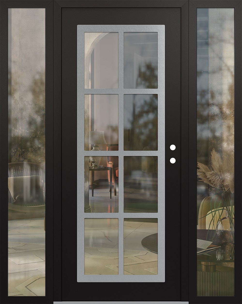 Modern Steel Front Door Diamond C16 68" x 80" black/black clear Glass Panel stainless steel LHI with 2 Sidelites clear Glass