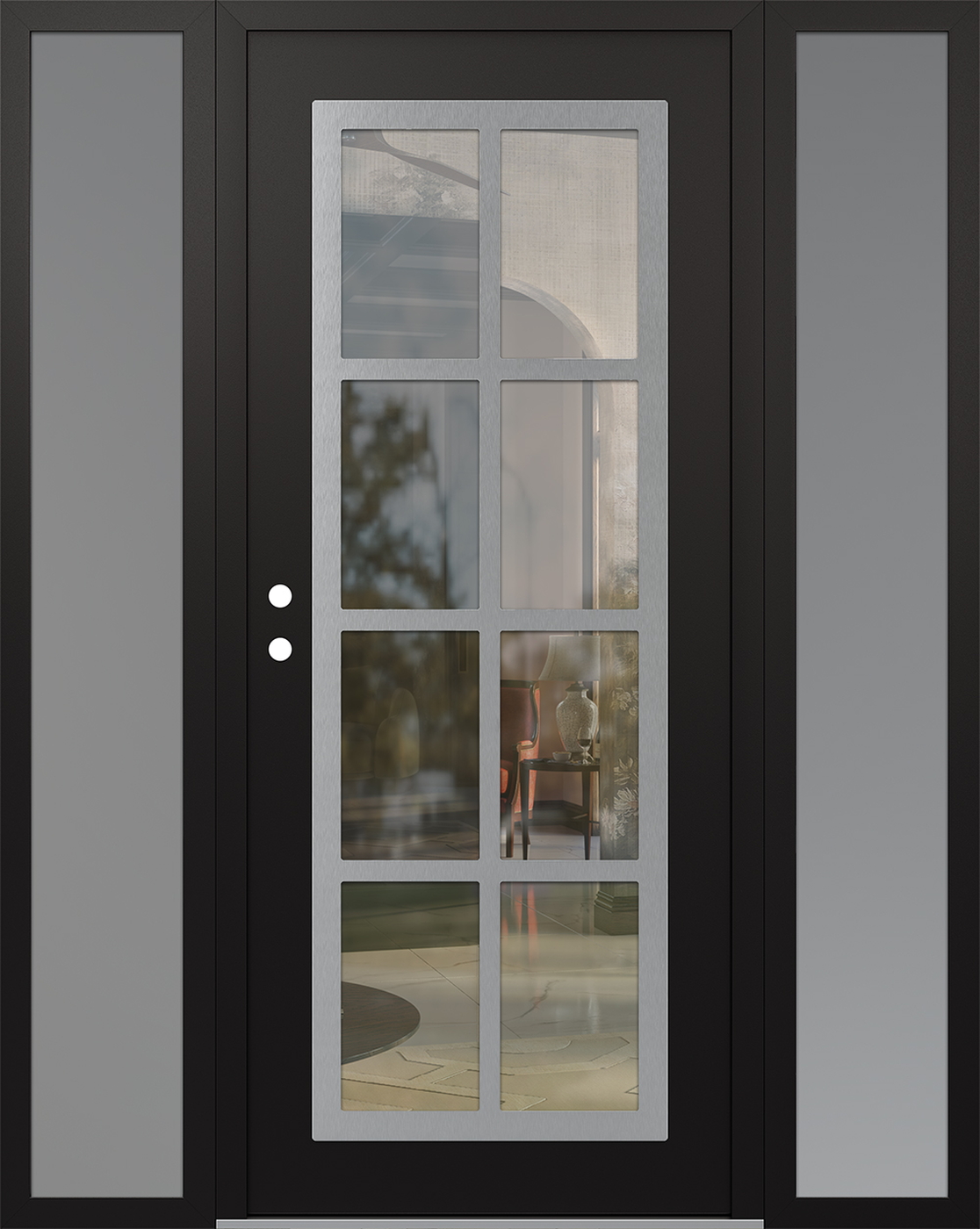 Modern Steel Front Door Diamond C16 68" x 80" black/black clear Glass Panel stainless steel RHI with 2 Sidelites frosted Glass
