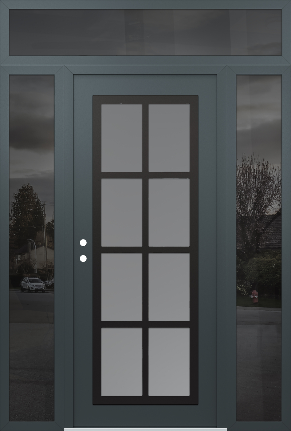 Modern Steel Front Door Diamond C16 68" x 96" anthracite/anthracite frosted Glass Panel black RHI with 2 Sidelites and Transom mirrored Glass