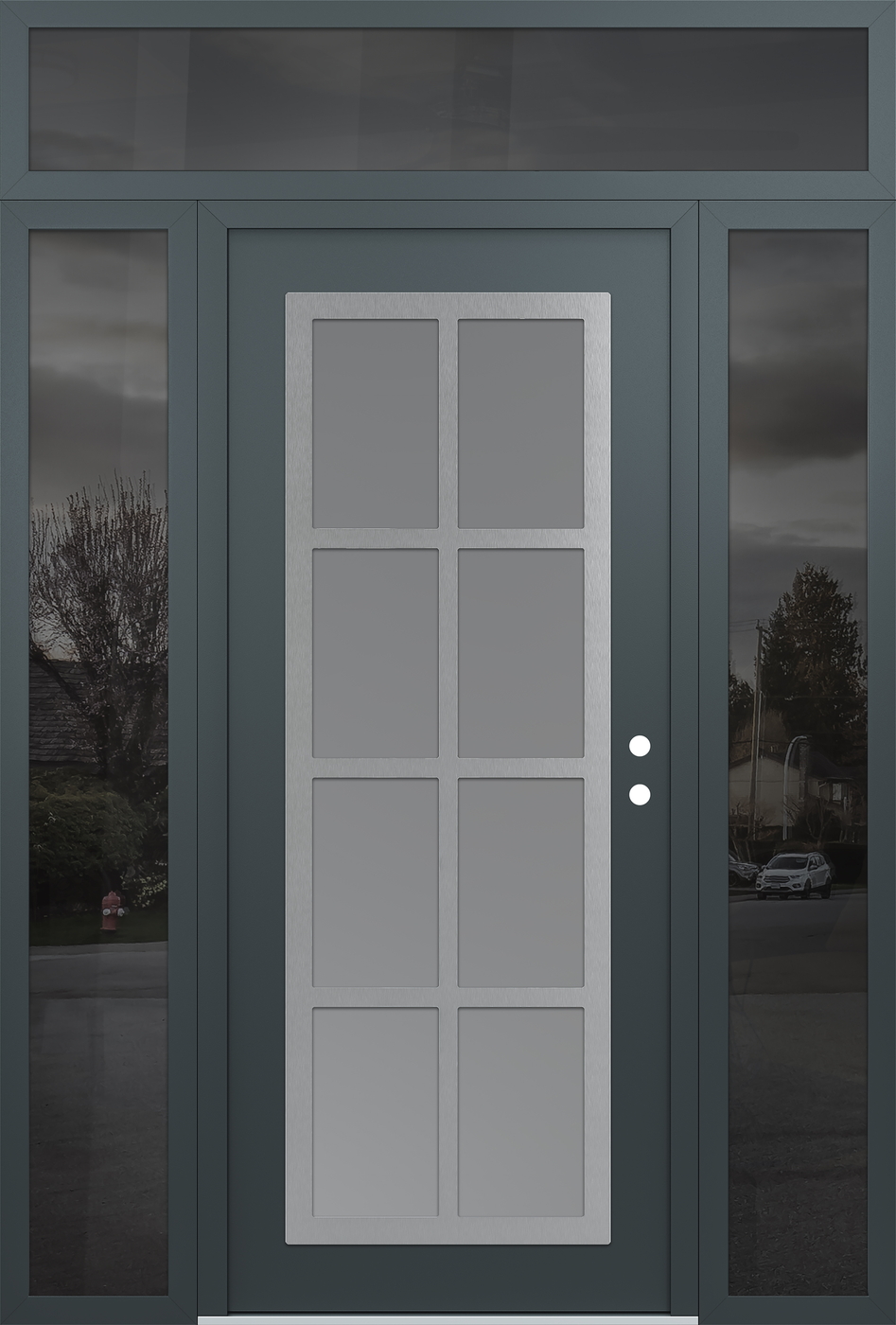 Modern Steel Front Door Diamond C16 68" x 96" anthracite/anthracite frosted Glass Panel stainless steel LHI with 2 Sidelites and Transom mirrored Glass