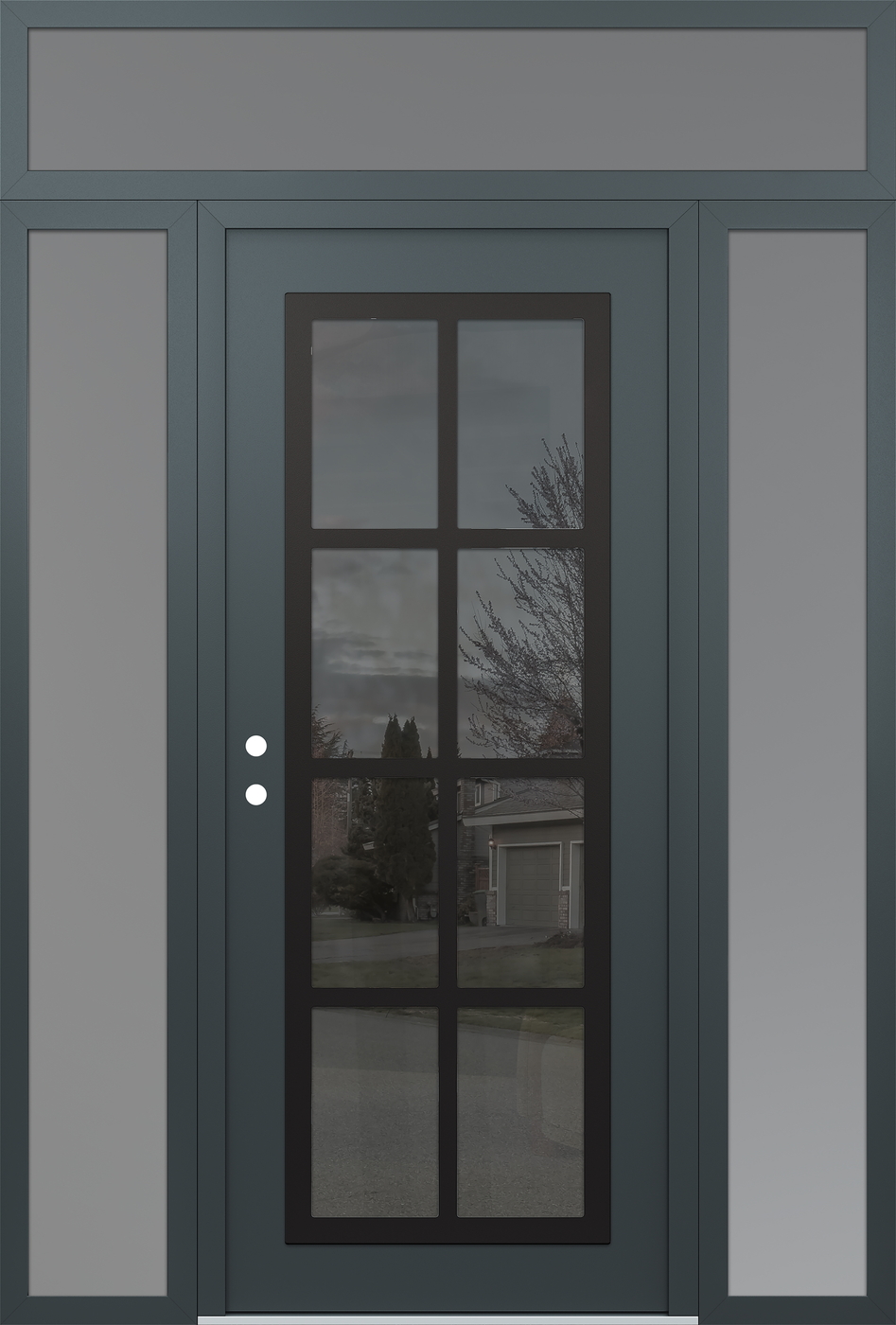 Modern Steel Front Door Diamond C16 68" x 96" anthracite/anthracite mirrored Glass Panel black RHI with 2 Sidelites and Transom frosted Glass