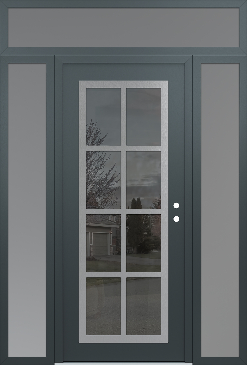 Modern Steel Front Door Diamond C16 68" x 96" anthracite/anthracite mirrored Glass Panel stainless steel LHI with 2 Sidelites and Transom frosted Glass