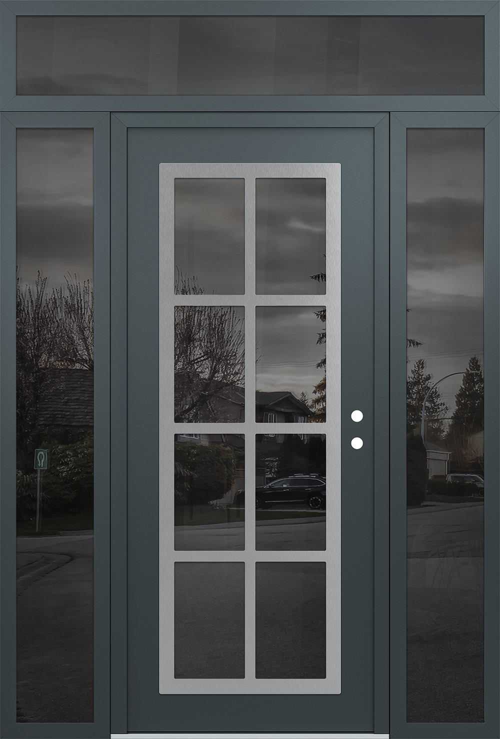 Modern Steel Front Door Diamond C16 68" x 96" anthracite/anthracite mirrored Glass Panel stainless steel LHI with 2 Sidelites and Transom mirrored Glass