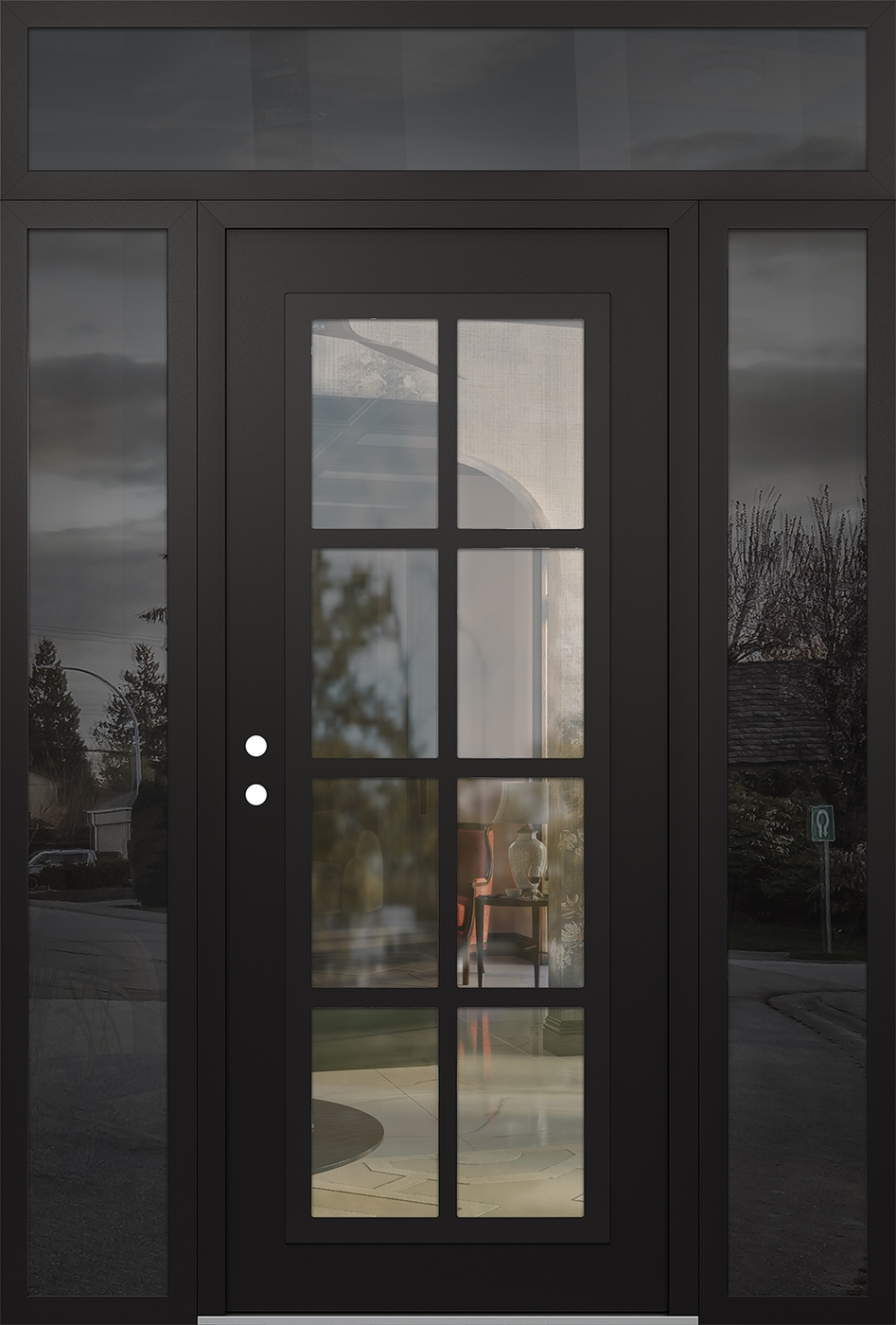 Modern Steel Front Door Diamond C16 68" x 96" black/black clear Glass Panel black RHI with 2 Sidelites and Transom mirrored Glass