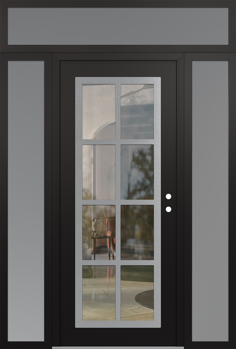 Modern Steel Front Door Diamond C16 68" x 96" black/black clear Glass Panel stainless steel LHI with 2 Sidelites and Transom frosted Glass