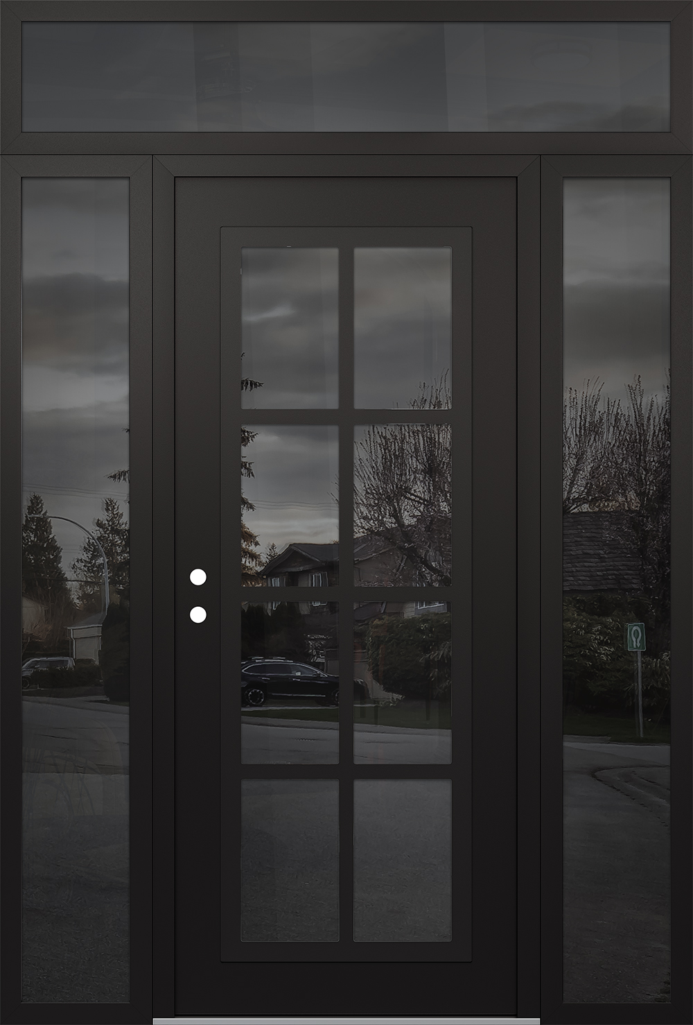 Modern Steel Front Door Diamond C16 68" x 96" black/black mirrored Glass Panel black RHI with 2 Sidelites and Transom mirrored Glass