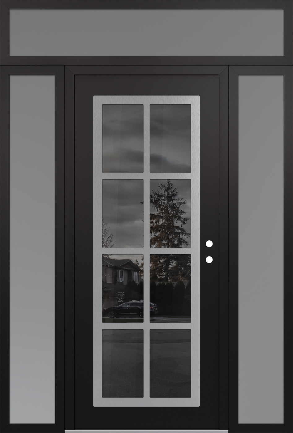 Modern Steel Front Door Diamond C16 68" x 96" black/black mirrored Glass Panel stainless steel LHI with 2 Sidelites and Transom frosted Glass