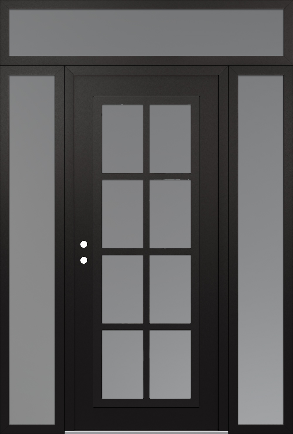 Modern Steel Front Door Diamond C16 68" x 96" black/white frosted Glass Panel black RHI with 2 Sidelites and Transom frosted Glass