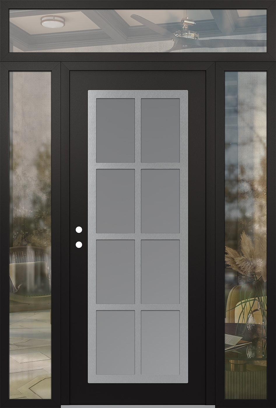 Modern Steel Front Door Diamond C16 68" x 96" black/white frosted Glass Panel stainless steel RHI with 2 Sidelites and Transom clear Glass