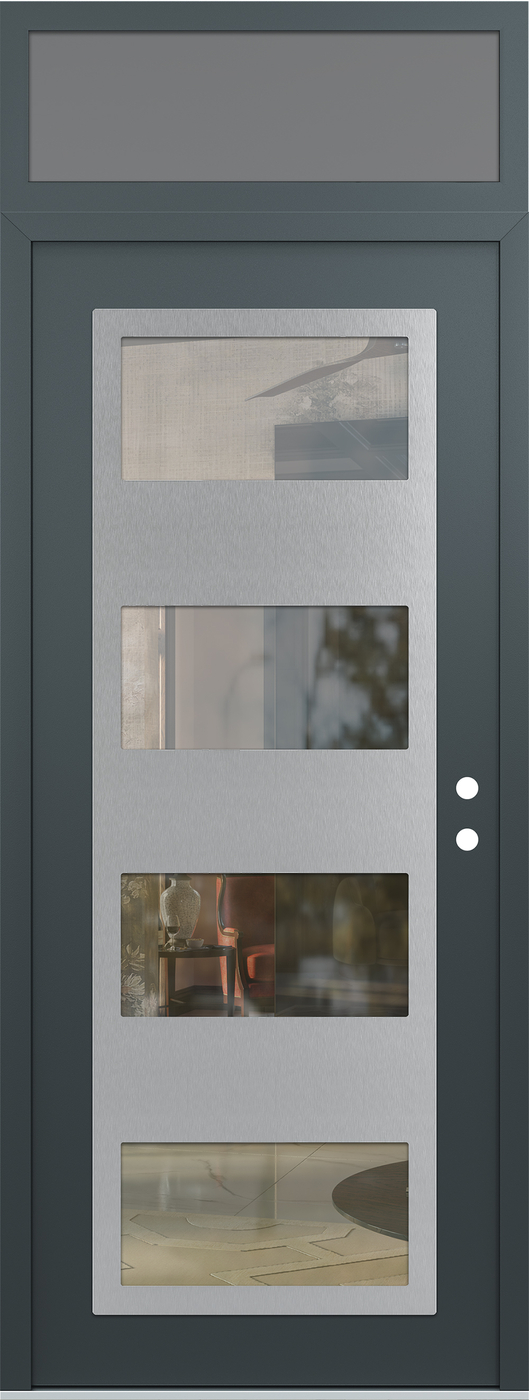 Modern Steel Front Door DIAMOND C2 36" X 96" ANTHRACITE/ANTHRACITE CLEAR GLASS PANEL STAINLESS STEEL LHI WITH TRANSOM FROSTED GLASS