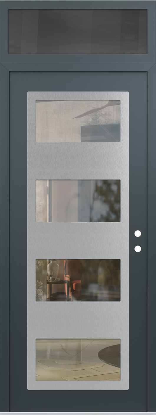 Modern Steel Front Door DIAMOND C2 36" X 96" ANTHRACITE/ANTHRACITE CLEAR GLASS PANEL STAINLESS STEEL LHI WITH TRANSOM MIRRORED GLASS