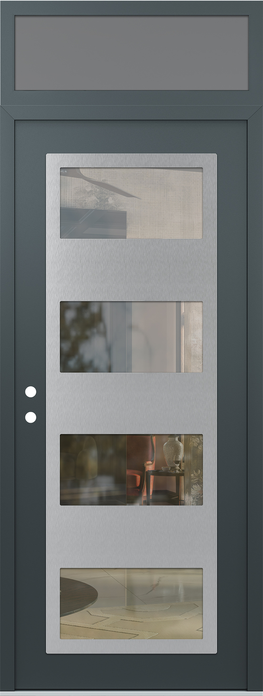 Modern Steel Front Door DIAMOND C2 36" X 96" ANTHRACITE/ANTHRACITE CLEAR GLASS PANEL STAINLESS STEEL RHI WITH TRANSOM FROSTED GLASS