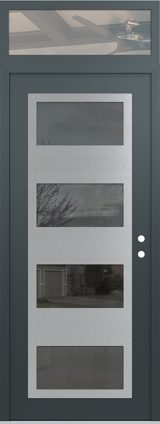 Modern Steel Front Door DIAMOND C2 36" X 96" ANTHRACITE/ANTHRACITE MIRRORED GLASS PANEL STAINLESS STEEL LHI WITH TRANSOM CLEAR GLASS