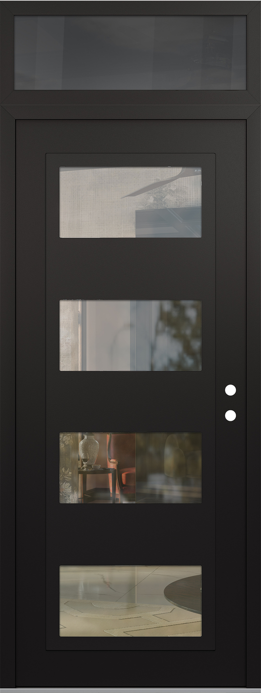 Modern Steel Front Door DIAMOND C2 36" X 96" BLACK/BLACK CLEAR GLASS PANEL BLACK LHI WITH TRANSOM MIRRORED GLASS