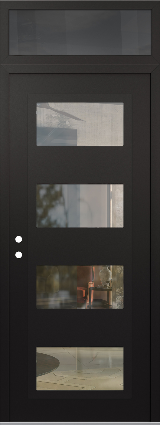 Modern Steel Front Door DIAMOND C2 36" X 96" BLACK/BLACK CLEAR GLASS PANEL BLACK RHI WITH TRANSOM MIRRORED GLASS