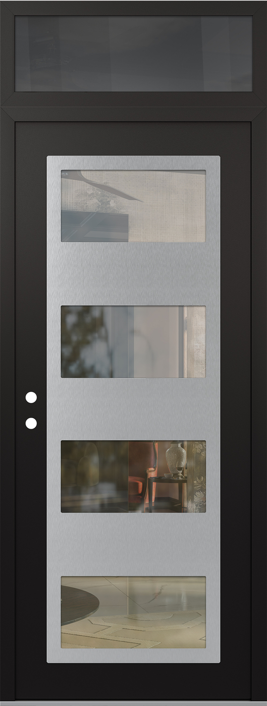 Modern Steel Front Door DIAMOND C2 36" X 96" BLACK/BLACK CLEAR GLASS PANEL STAINLESS STEEL RHI WITH TRANSOM MIRRORED GLASS